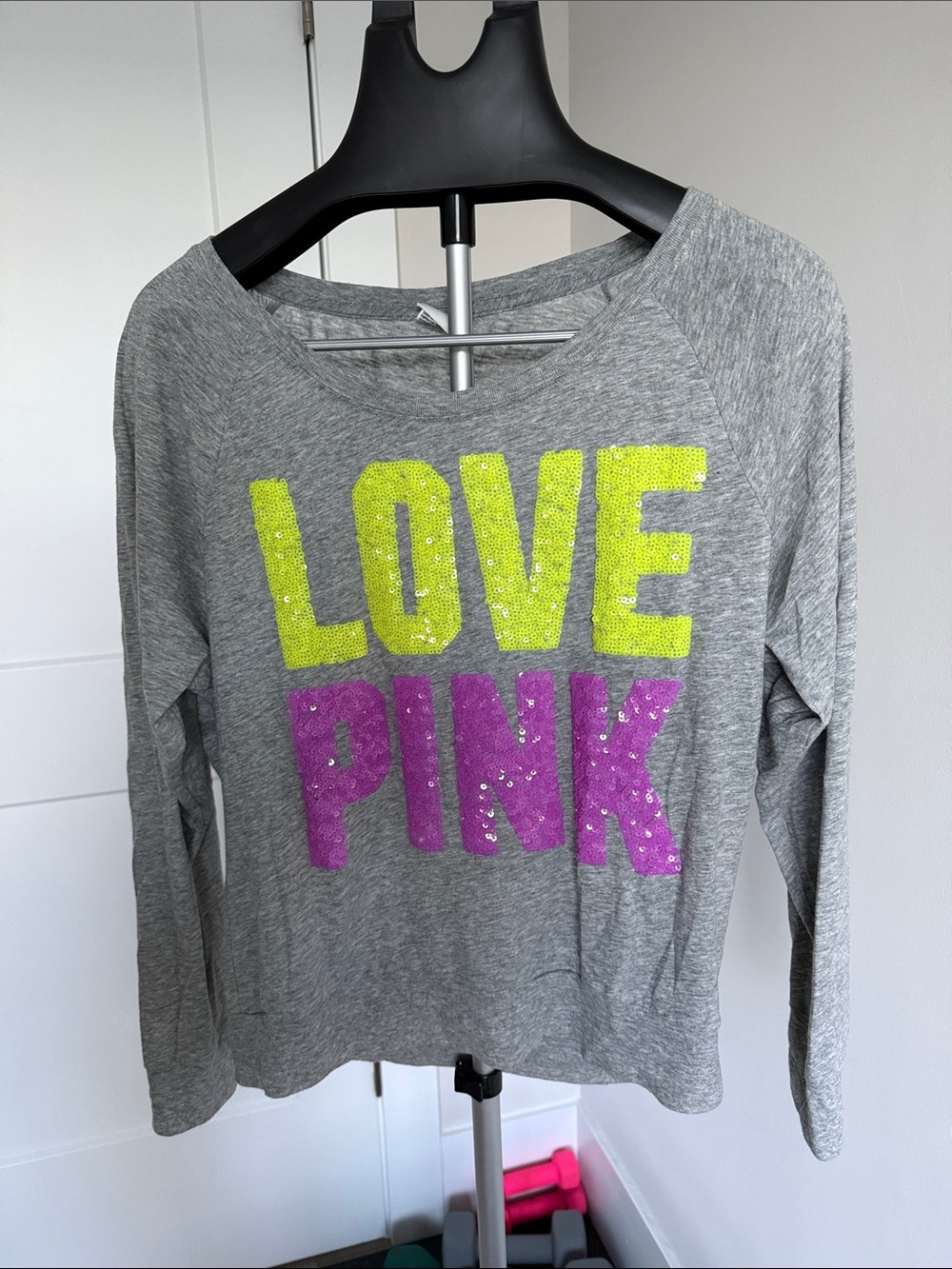 LOVE PINK Sequin Letter Long Sleeve Tee - Gray with Neon Yellow & Purple